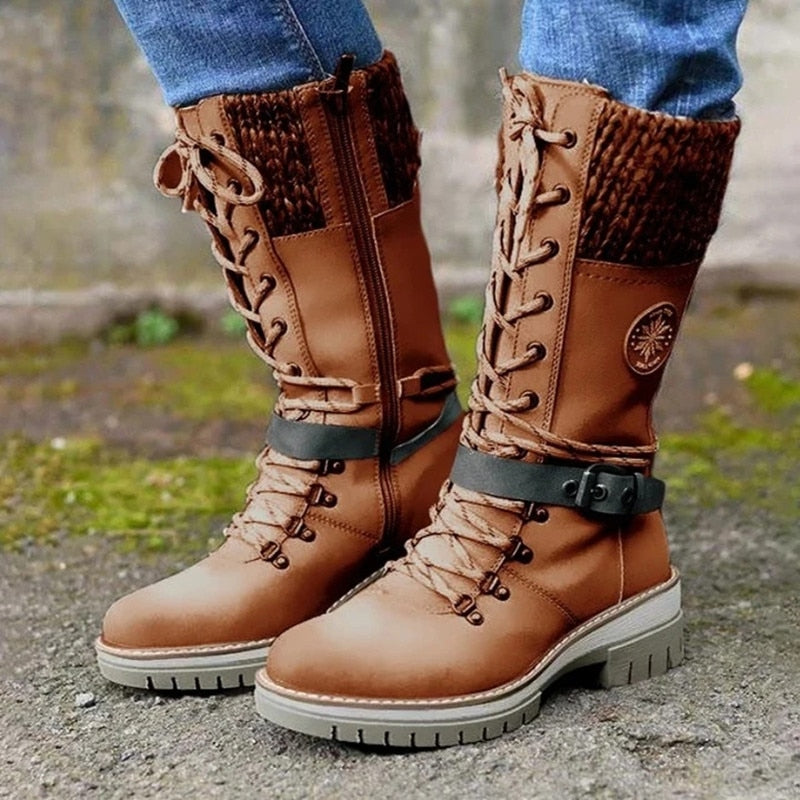 Women Winter Buckle Lace Knitted Mid-Calf Boots Low Heel Round Toe Boots