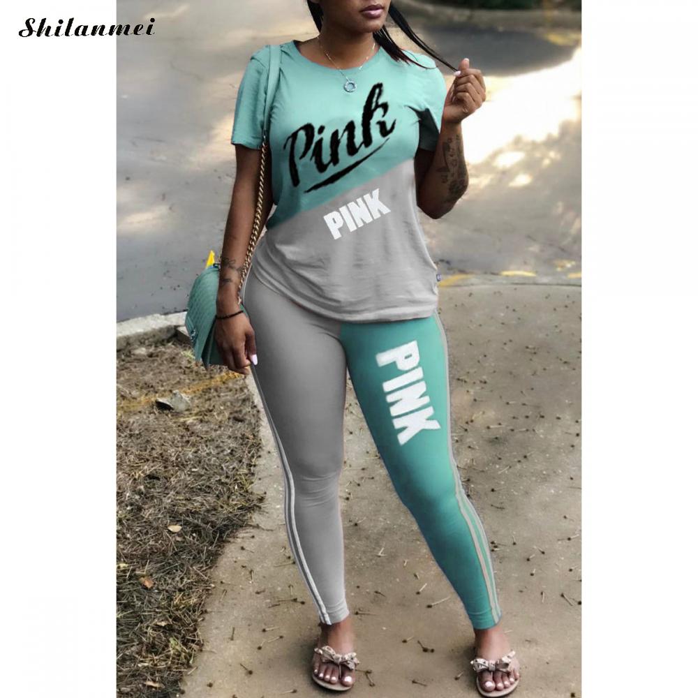 Women New Pink Letter Print Two Piece Sets Tracksuit