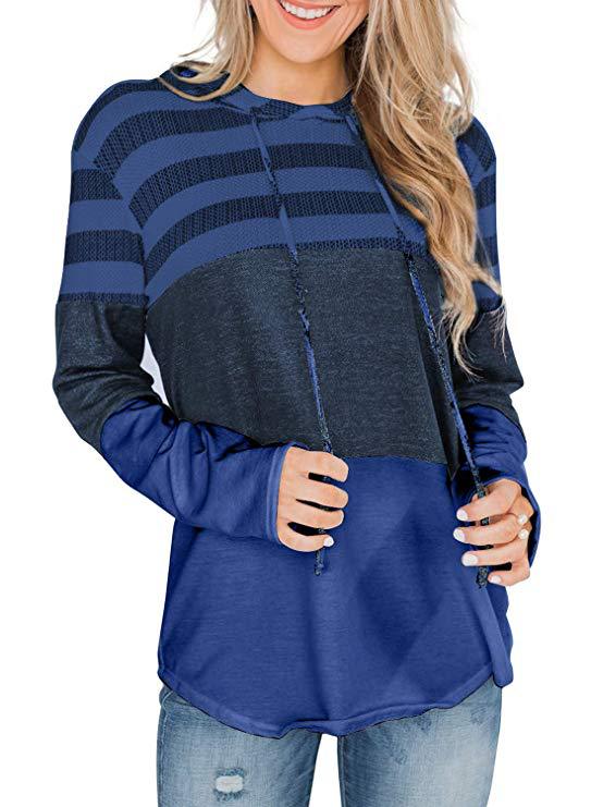 Women Hooded Casual Soft Long Sleeve Striped T-shirt