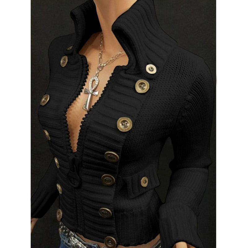 Women Vintage Button Design Long Sleeve Knitted Cardigan Jackets Zipper Sweaters