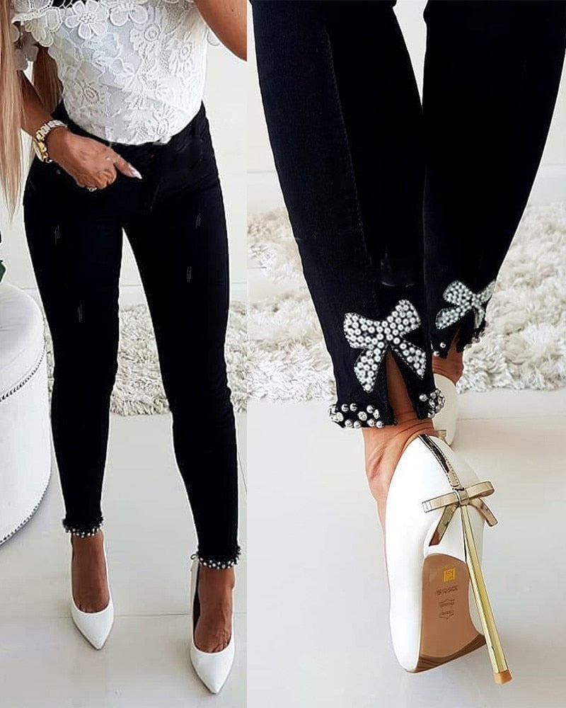 Women High Waist Stretch Jeans Cute Bow Fashion Skinny Denim Pants Elegant Simple