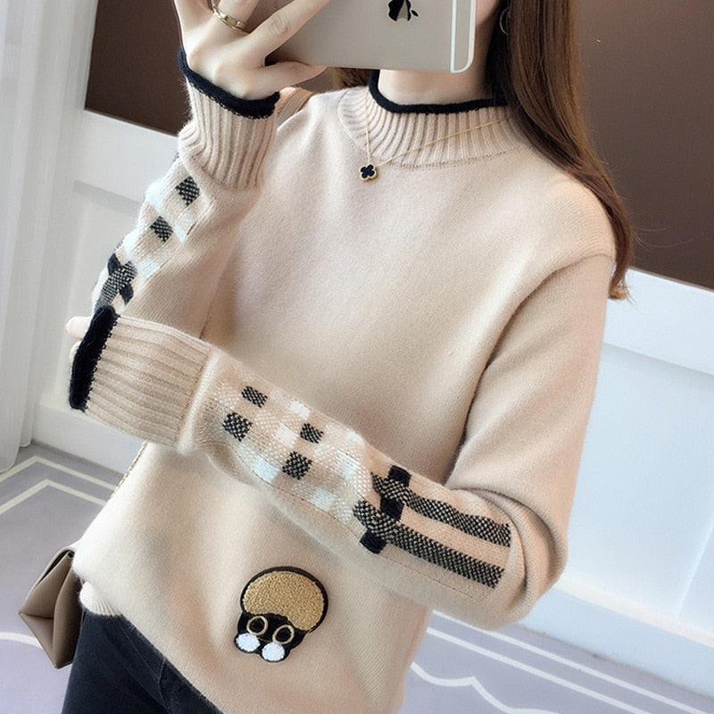 Women New Winter Knitted Patch Cartoon Base Pullover Long-sleeved Sweater