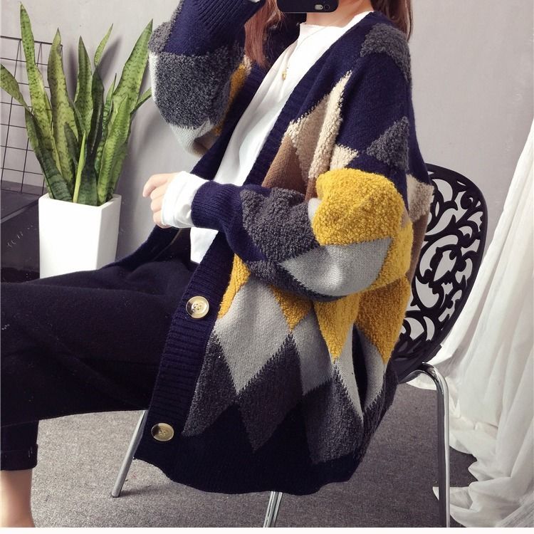 Women Casual Sweater Cardigan Winter Loose knitted Medium Length Coat