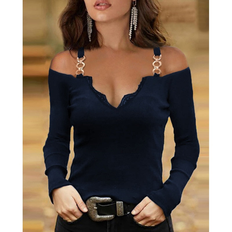 Women Off Shoulder Chain Long Sleeve T-shirts