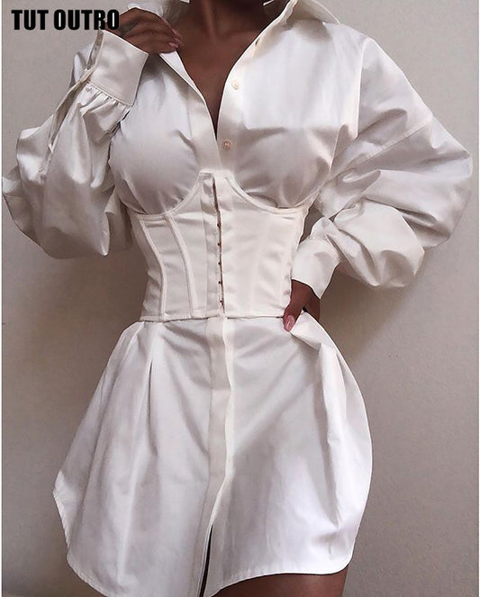 Women Elegant White Shirt, Lace Up Dress