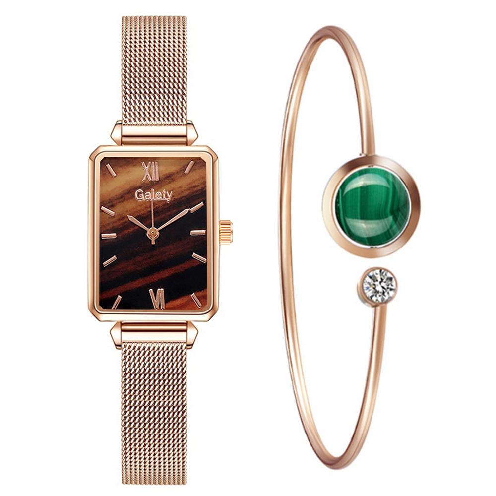 Women Watches Fashion Square Bracelet Set Green Dial Simple Rose Gold Mesh Luxury Women Watches