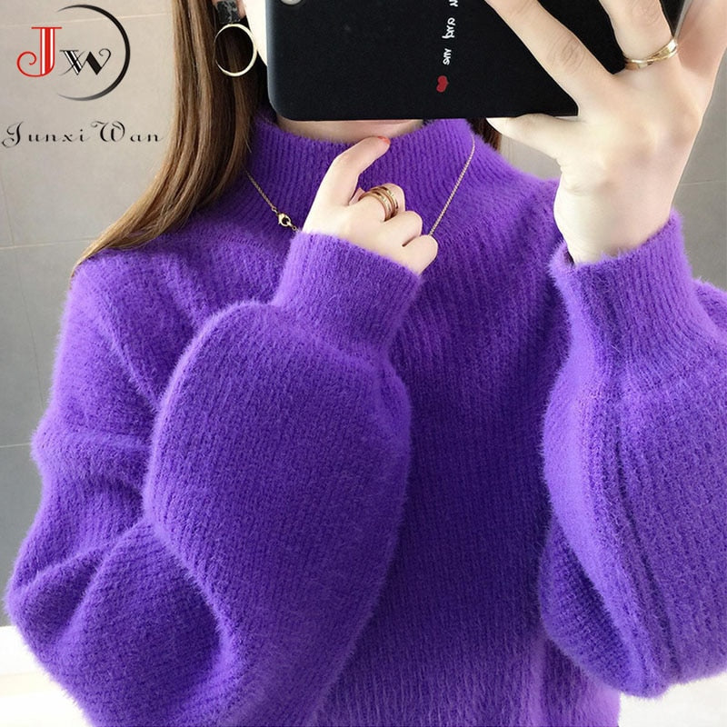 Women Soft Thick Turtleneck Lantern Sleeve Pullovers Sweater