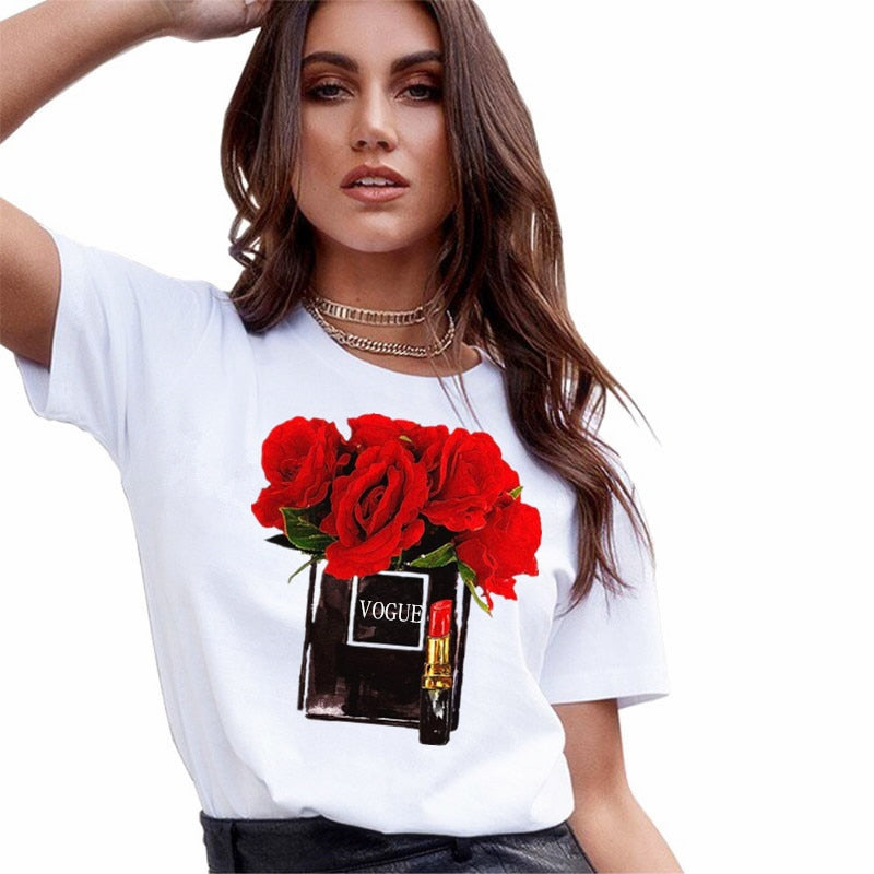 Women New Graphic Perfume Flower Vase White Short Sleeve T Shirt