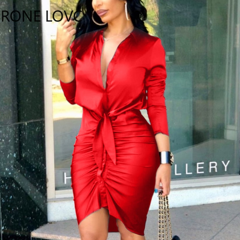 Women Elegant Lace-up Solid Color Long Sleeve Midi Dress