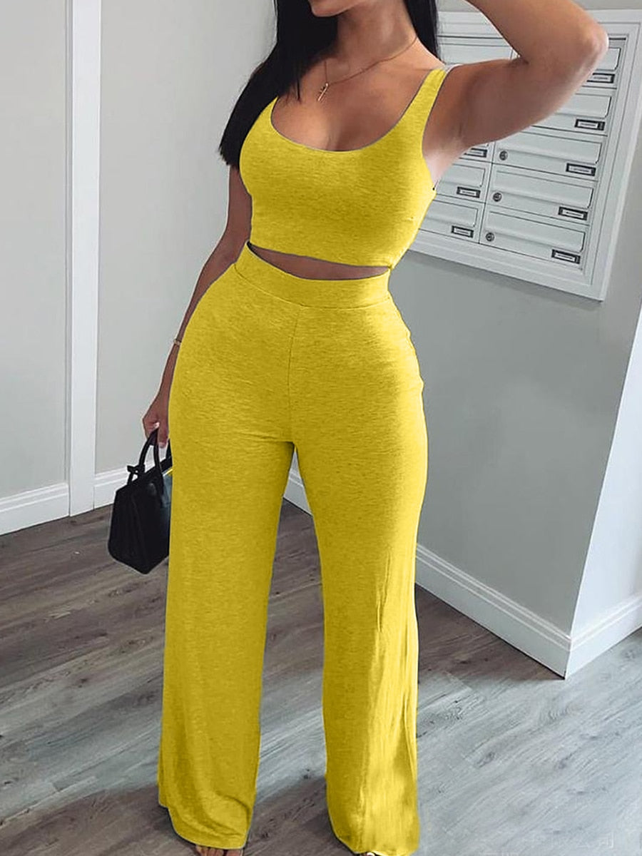 Women Two Piece Pants Set Tank Crop Top+ Straight Pants Matching Sets