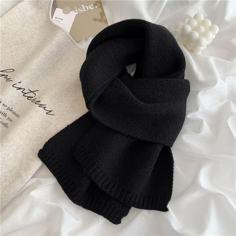 Women Autumn Winter Solid Color Scarves Slim Neckerchief Soft Brown White Warm Knitted Woolen Ins Neck Pashmina Shawl