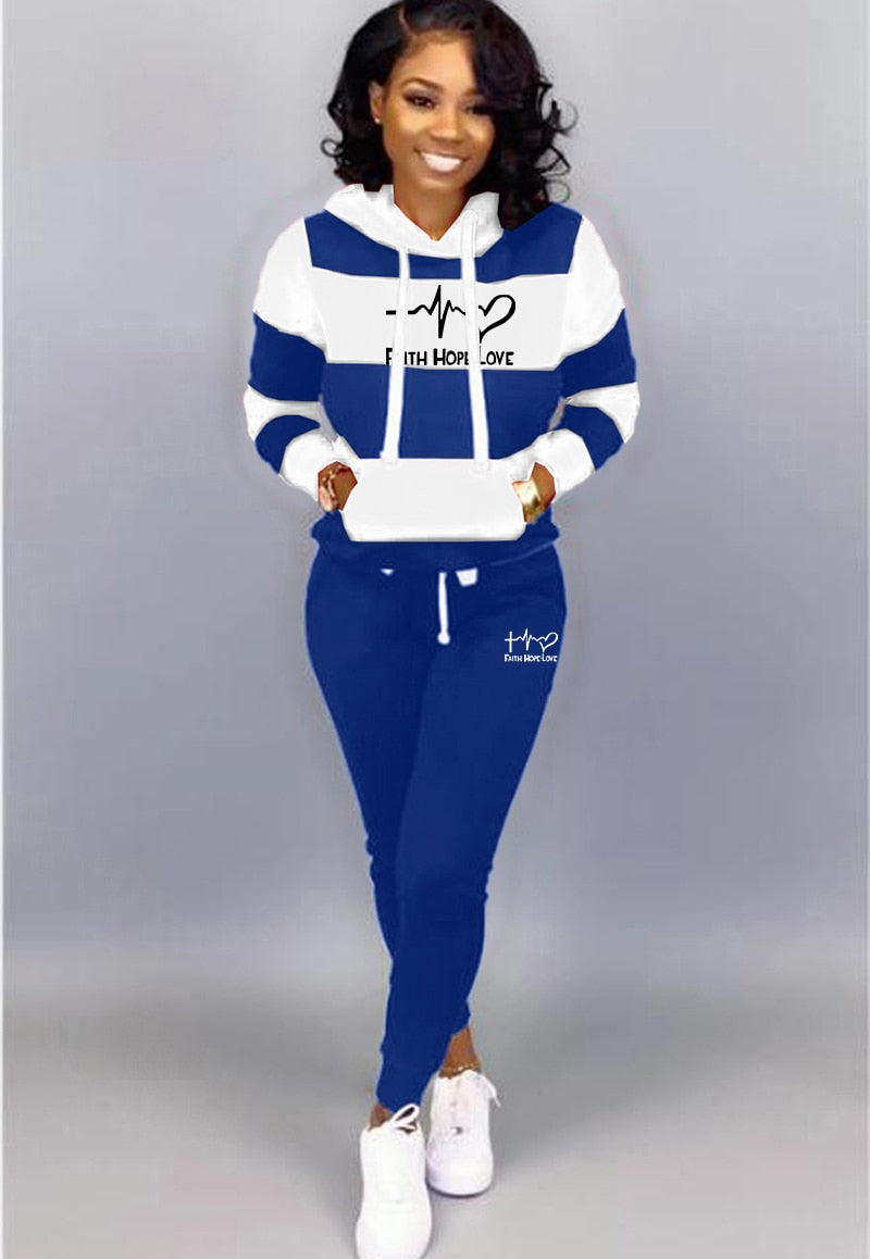 Women Winter Tracksuit 2 Piece Set Sweatshirt Print Hoodies-Pants Sportwear