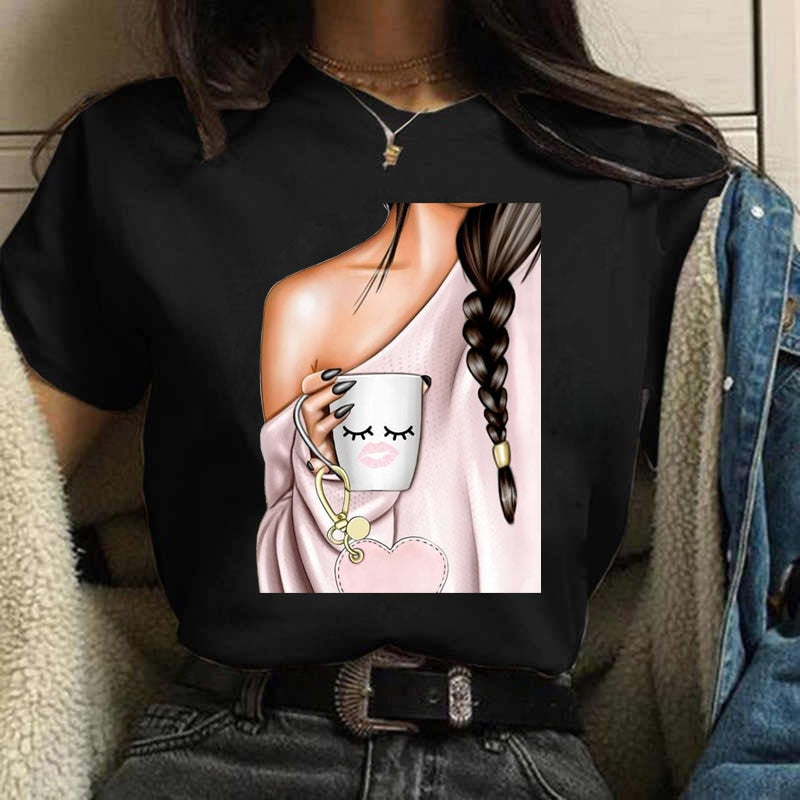 Coffee Girl Casual Women's T-shirt Top Round Neck Short Sleeve