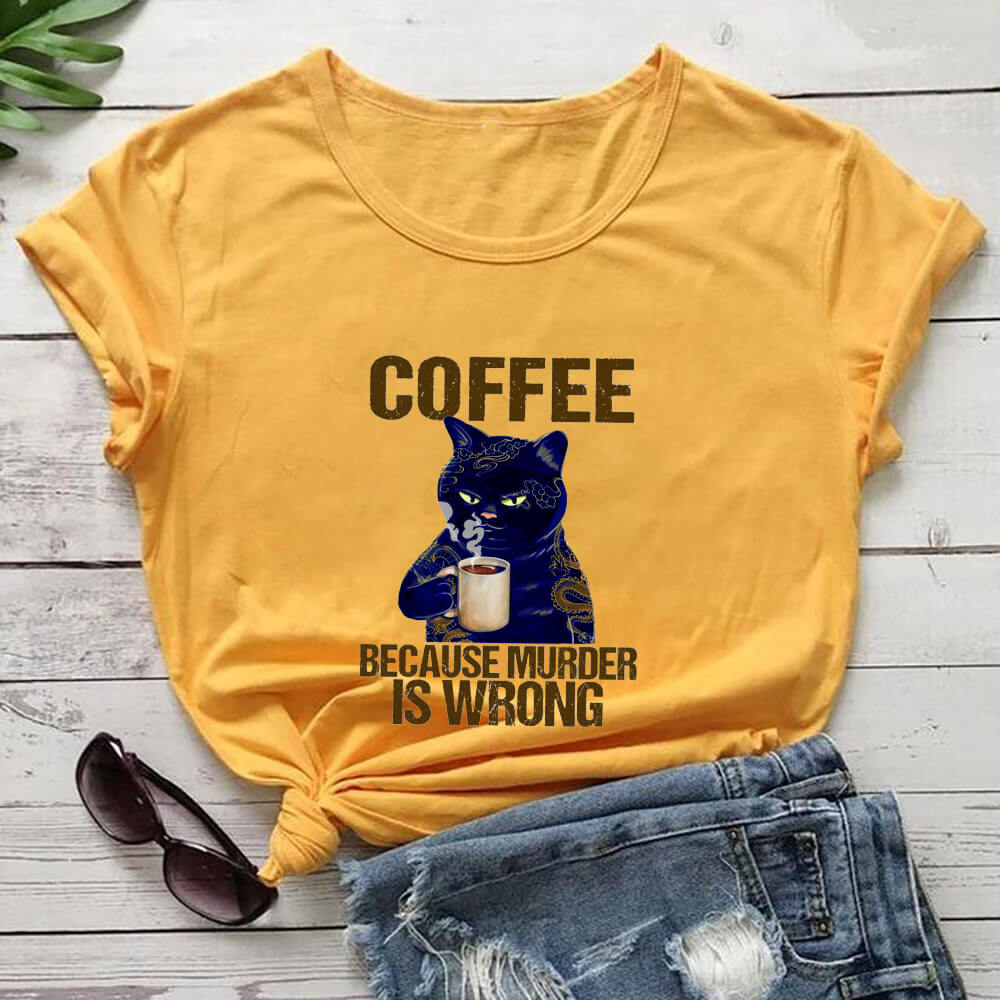 Women's Coffee Cat Printed 100%Cotton's T-shirts