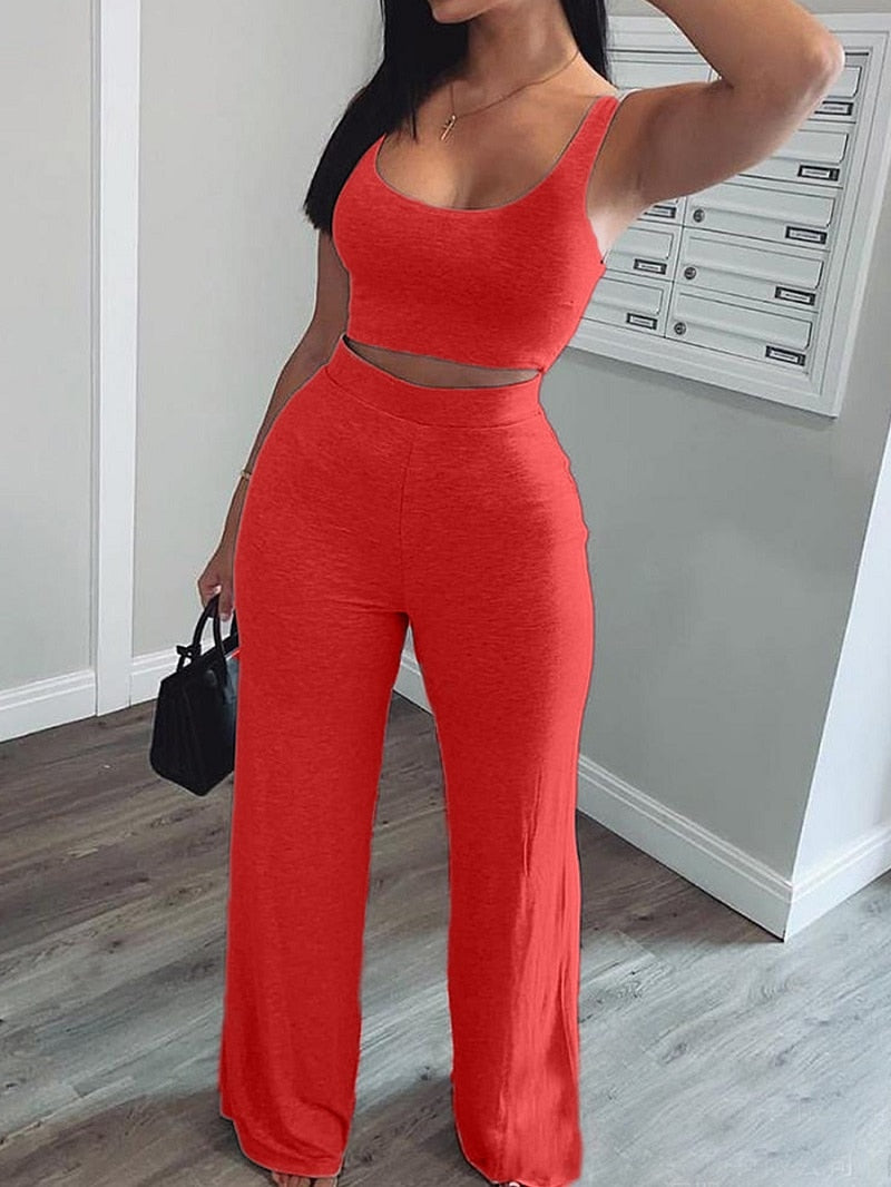 Women Two Piece Pants Set Tank Crop Top+ Straight Pants Matching Sets