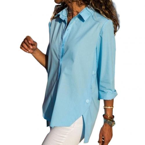 Women Long Sleeve Shirts Turn Down Collar Side Slit Hem Buttoned