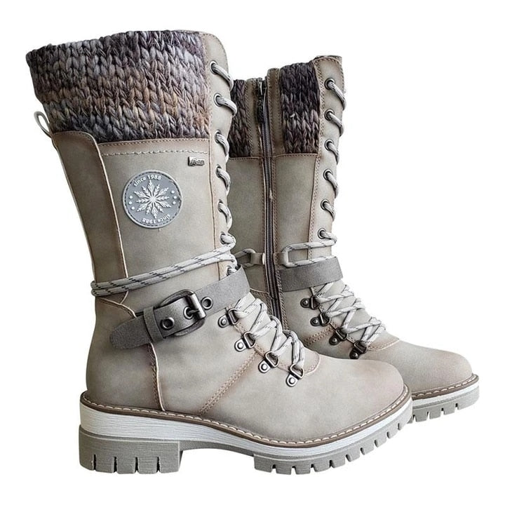 Women Winter Buckle Lace Knitted Mid-Calf Boots Low Heel Round Toe Boots