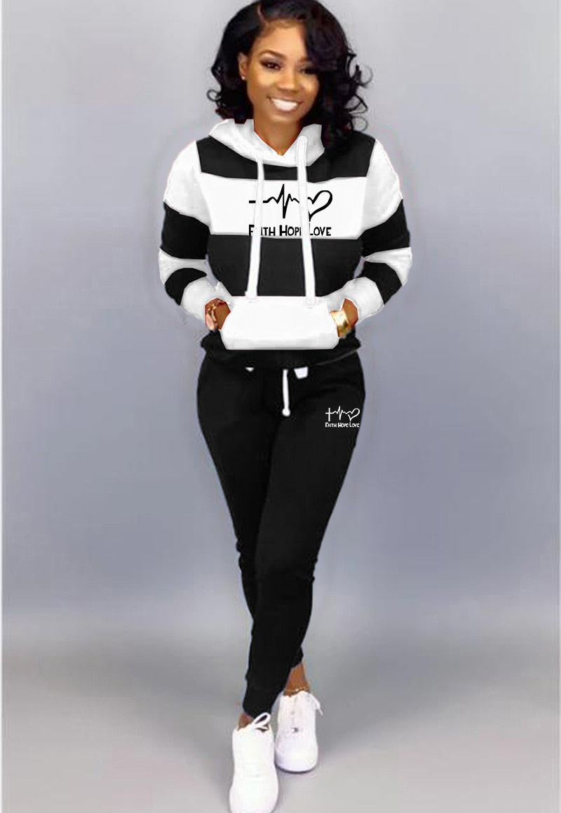 Women Winter Tracksuit 2 Piece Set Sweatshirt Print Hoodies-Pants Sportwear