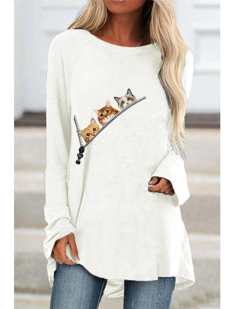 Women Fashion Long Sleeved Cute Cats Printed T-shirt