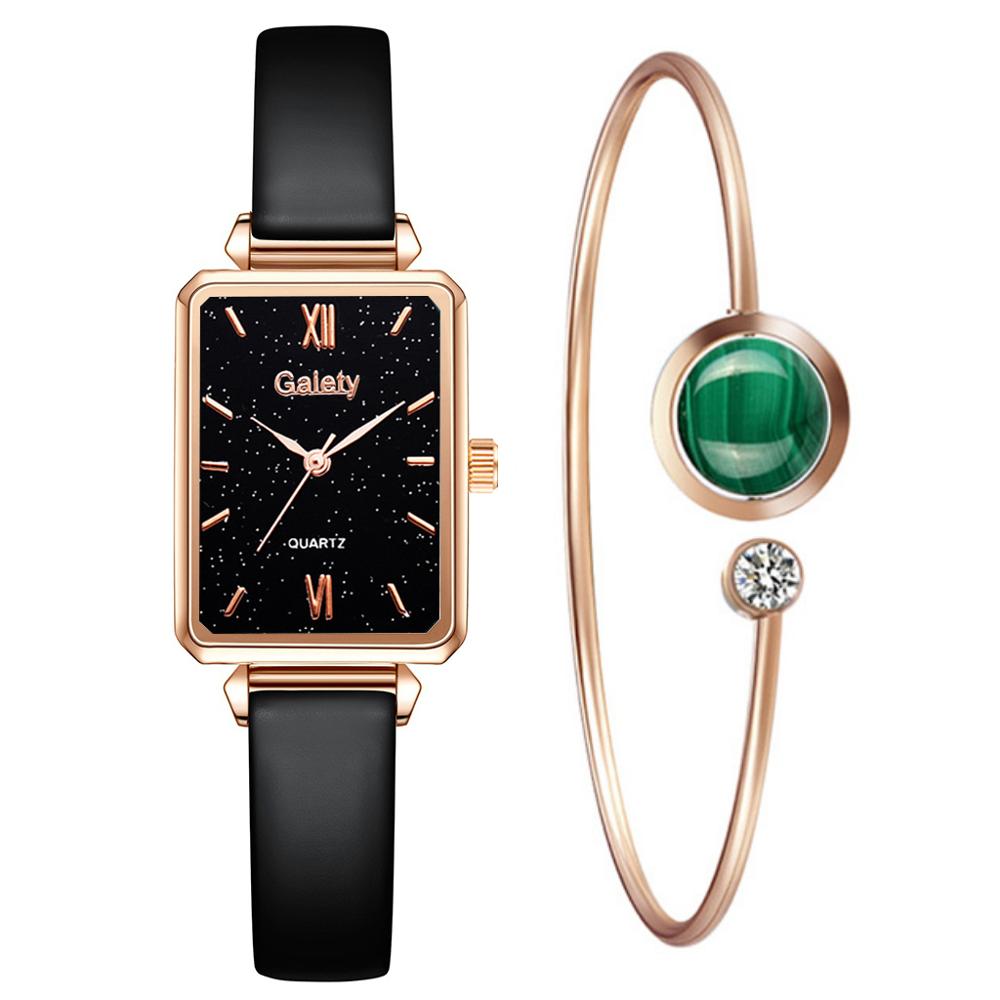 Women Watches Fashion Square Bracelet Set Green Dial Simple Rose Gold Mesh Luxury Women Watches