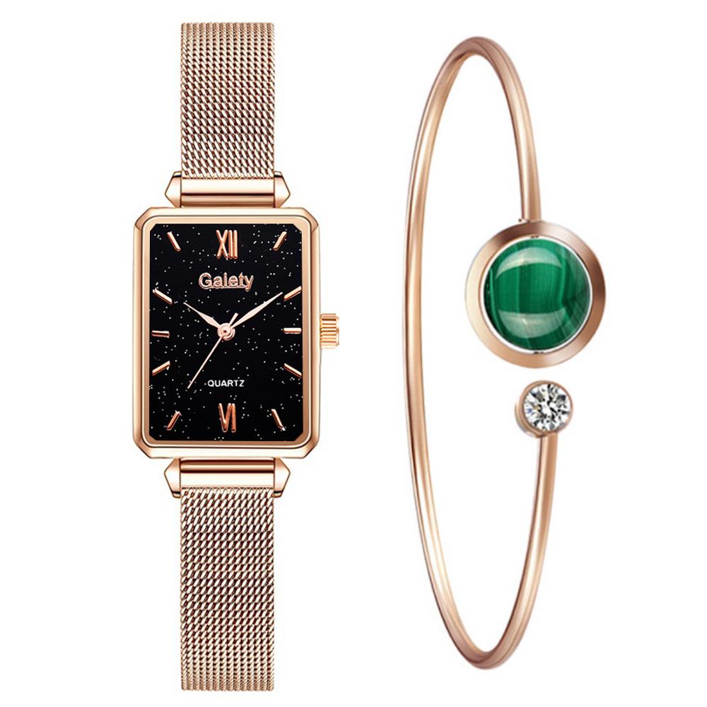 Women Watches Fashion Square Bracelet Set Green Dial Simple Rose Gold Mesh Luxury Women Watches