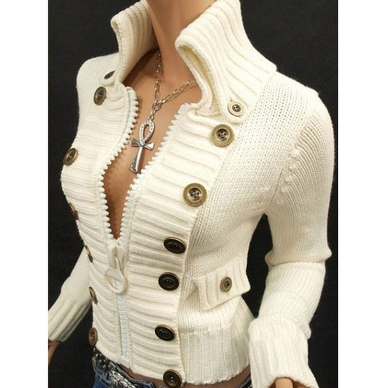 Women Vintage Button Design Long Sleeve Knitted Cardigan Jackets Zipper Sweaters