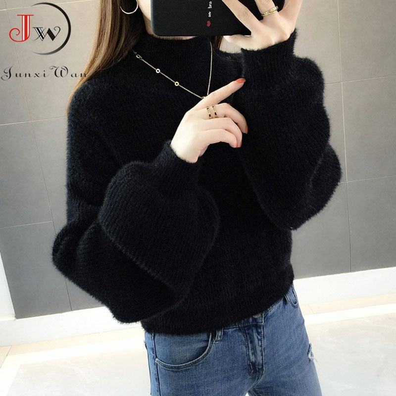 Women Soft Thick Turtleneck Lantern Sleeve Pullovers Sweater