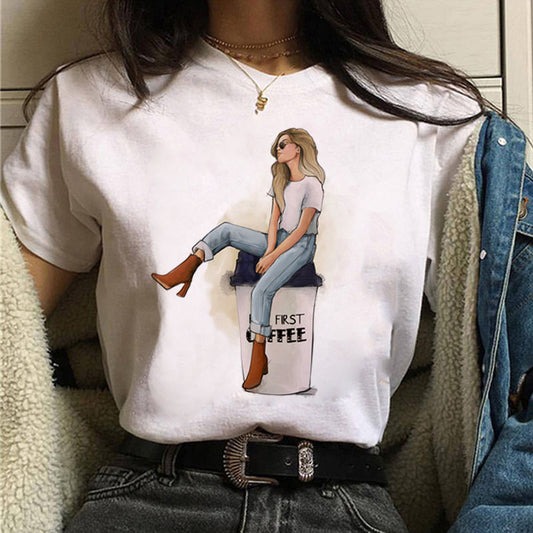 Fashion Women T Shirt Coffee Time Female Casual Tops Tee 90s