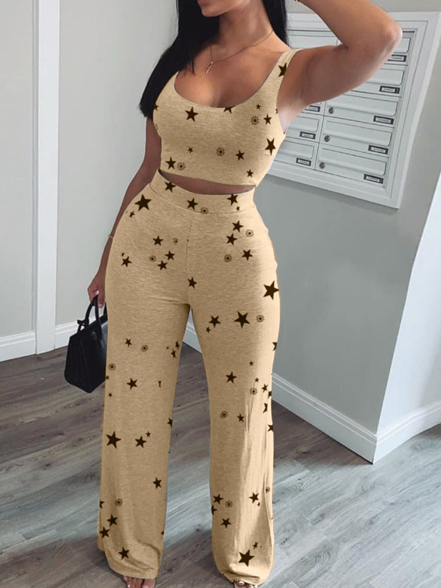 Women Two Piece Pants Set Tank Crop Top+ Straight Pants Matching Sets