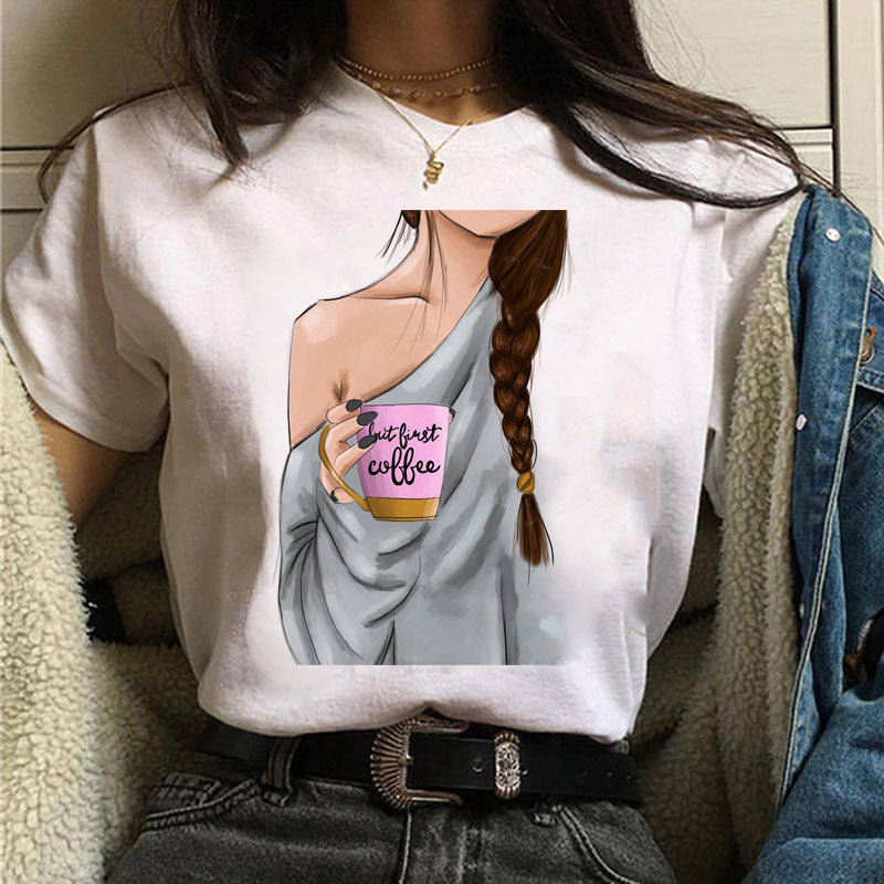 Fashion Women T Shirt Coffee Time Female Casual Tops Tee 90s