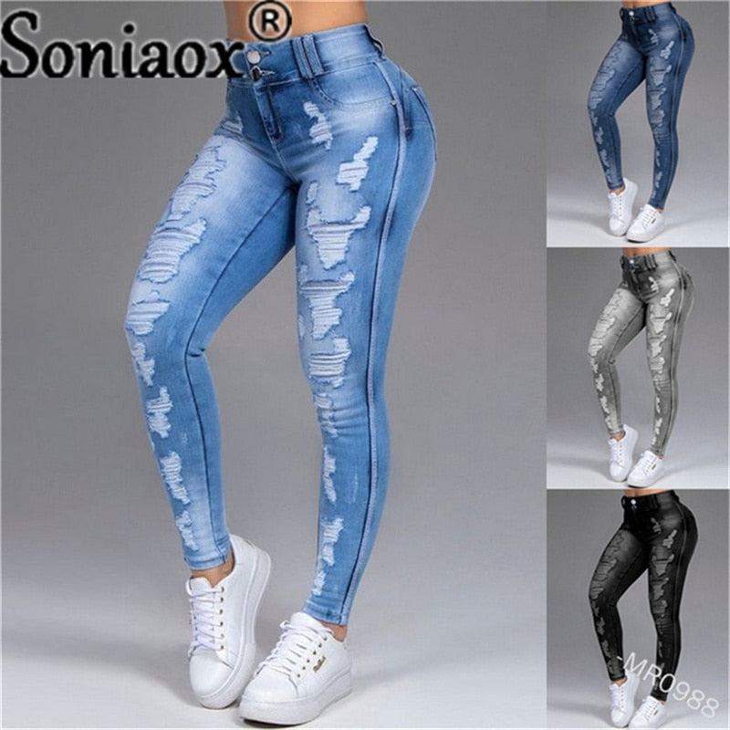 Women High Stretch Skinny Ripped Jeans Vintage Hole Distressed Trousers