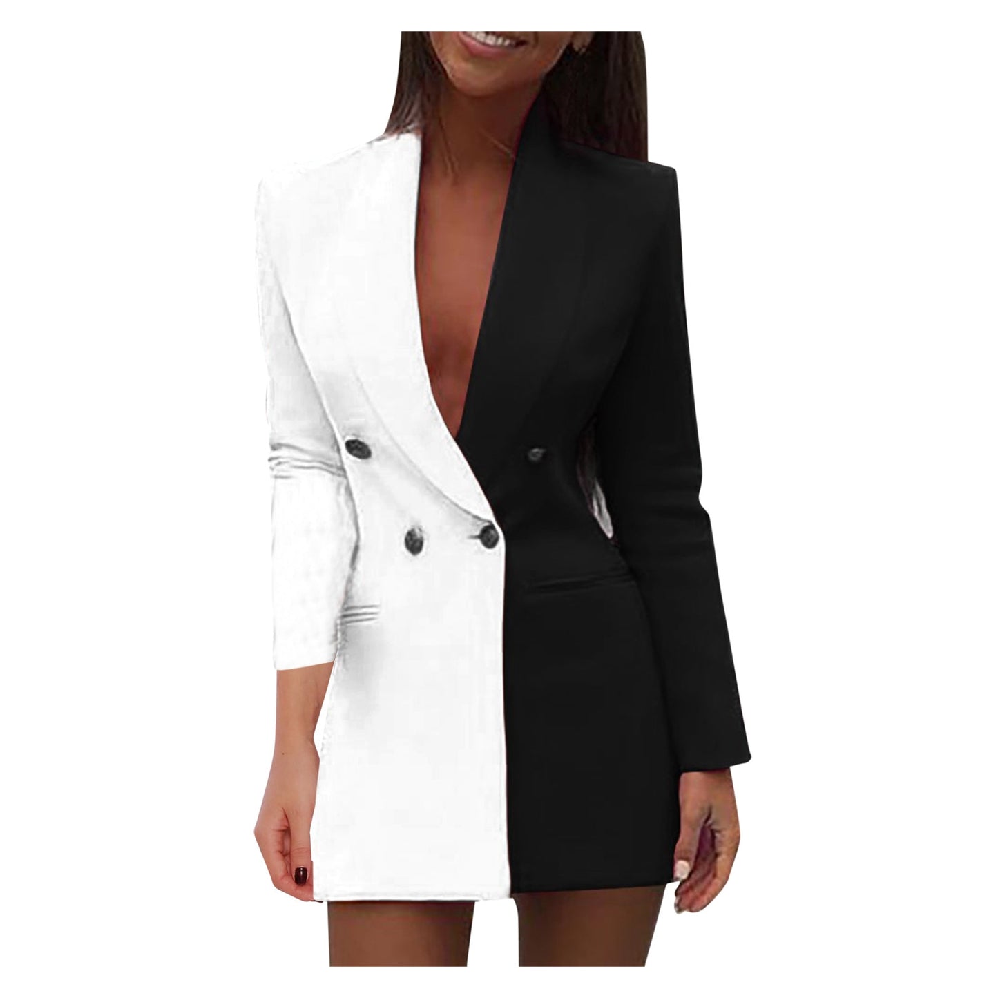 Women Elegant Double Breasted Black White Jacket Dress