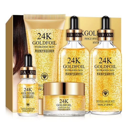 24K Gold Skin Care Set 5 PCS With Box Face Toner Essence Cream Nicotinamide Anti-Aging Serum Facial Cleanser Kit for Women