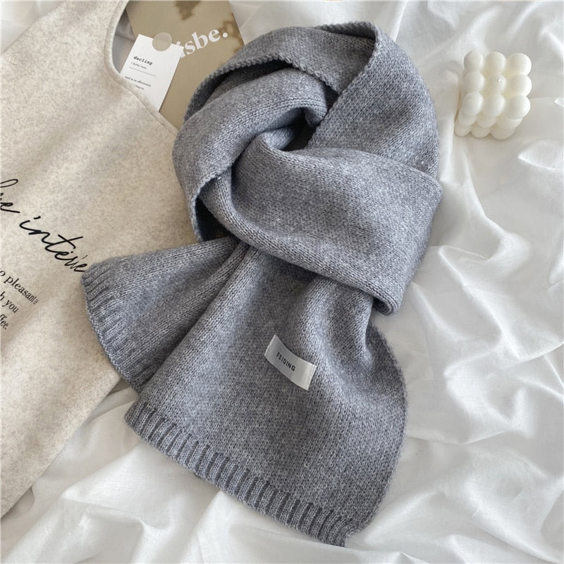 Women Autumn Winter Solid Color Scarves Slim Neckerchief Soft Brown White Warm Knitted Woolen Ins Neck Pashmina Shawl