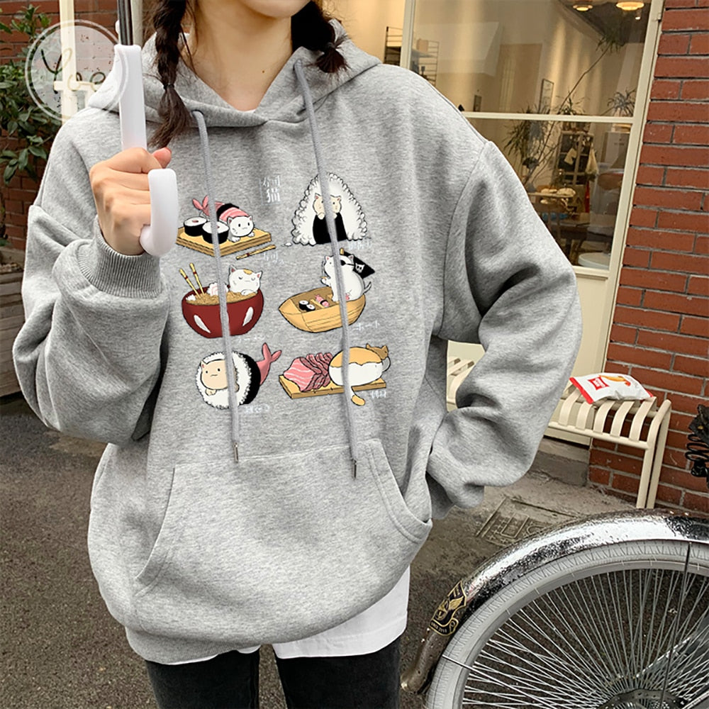 Womens Sushi Cat's Day Print Hoodies New Loose Fleece Hoodie Sweatshirt Casual