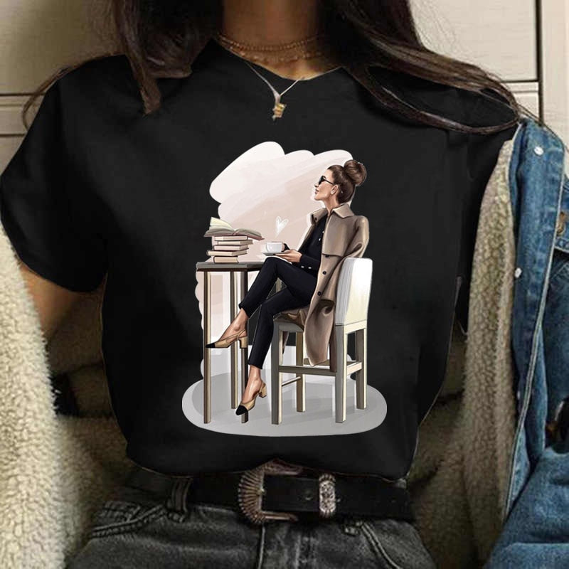 Coffee Girl Casual Women's T-shirt Top Round Neck Short Sleeve