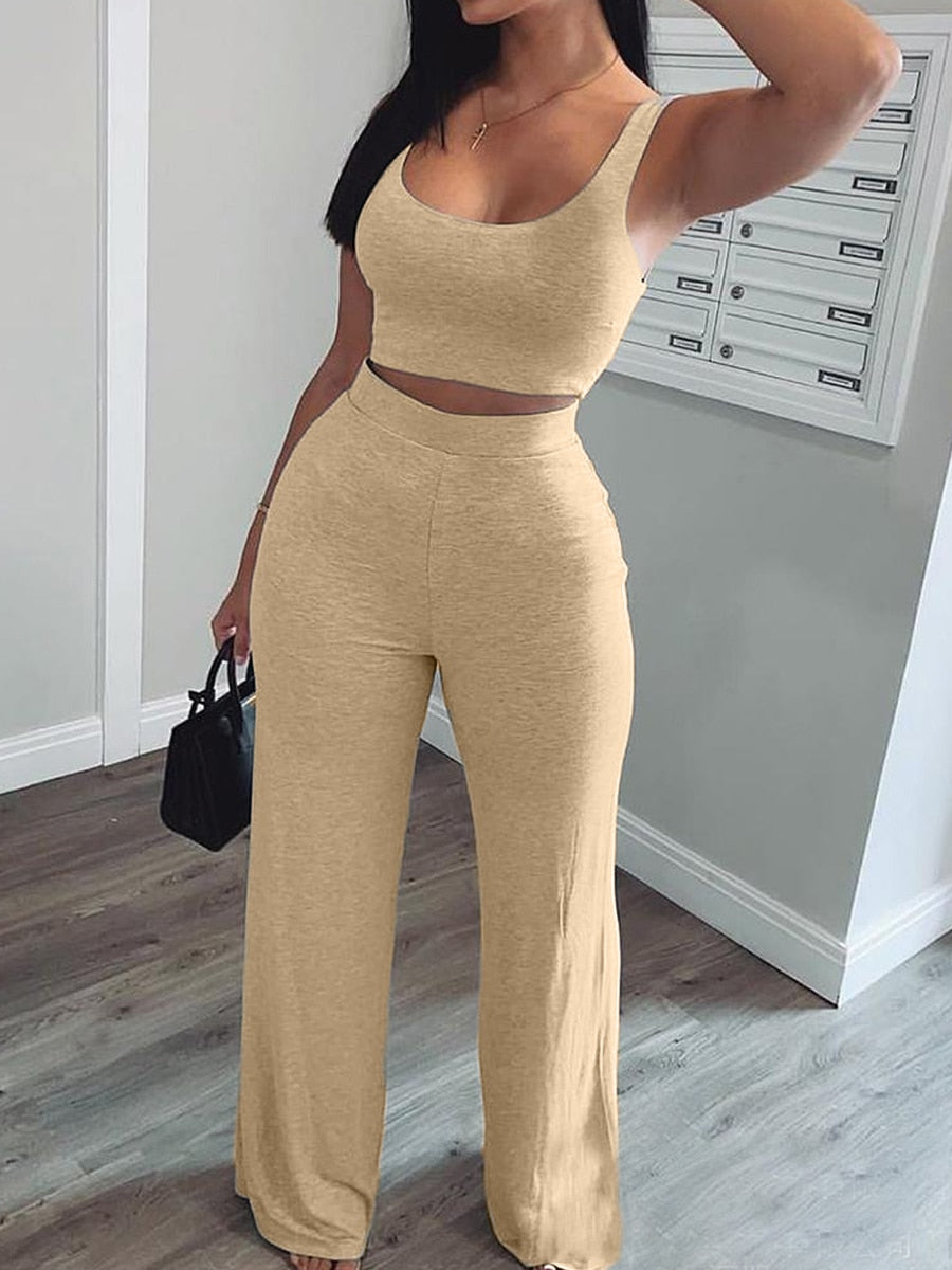 Women Two Piece Pants Set Tank Crop Top+ Straight Pants Matching Sets