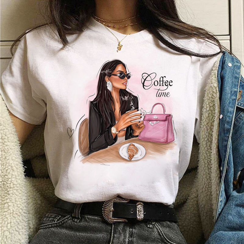 Coffee Girl Casual Women's T-shirt Top Round Neck Short Sleeve