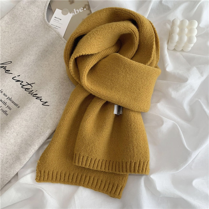 Women Autumn Winter Solid Color Scarves Slim Neckerchief Soft Brown White Warm Knitted Woolen Ins Neck Pashmina Shawl