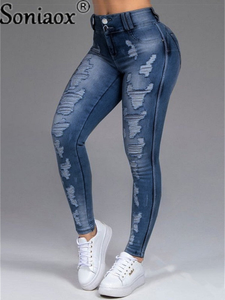 Women High Stretch Skinny Ripped Jeans Vintage Hole Distressed Trousers