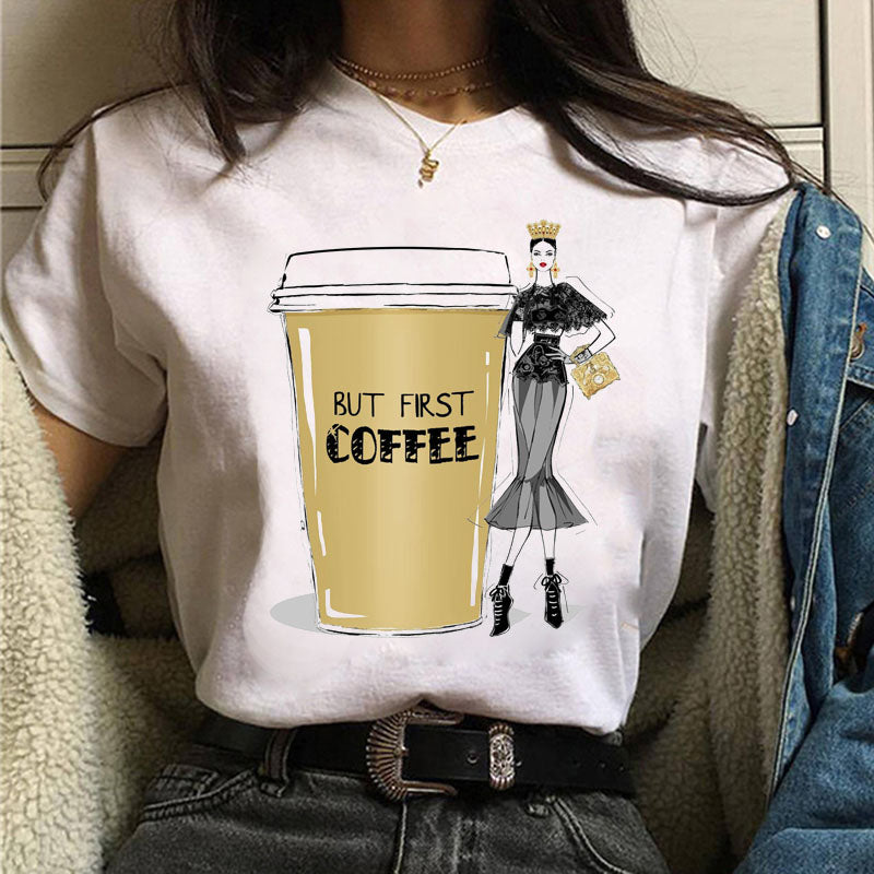 Fashion Women T Shirt Coffee Time Female Casual Tops Tee 90s