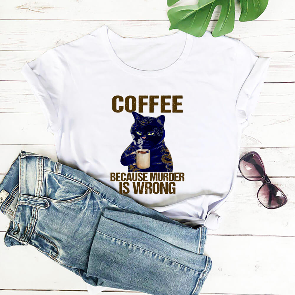 Women's Coffee Cat Printed 100%Cotton's T-shirts