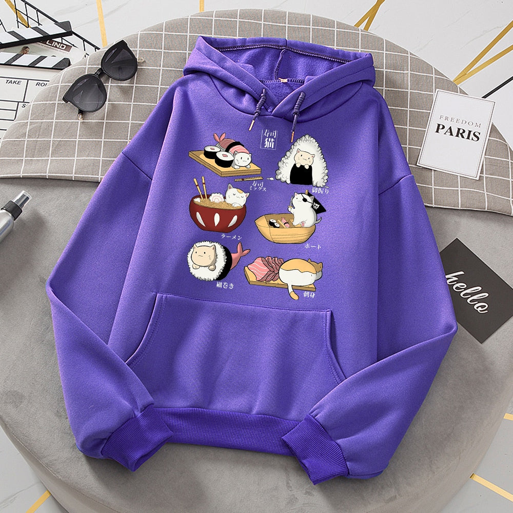 Womens Sushi Cat's Day Print Hoodies New Loose Fleece Hoodie Sweatshirt Casual