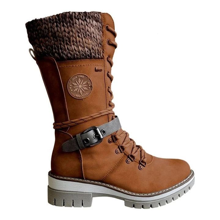 Women Winter Buckle Lace Knitted Mid-Calf Boots Low Heel Round Toe Boots