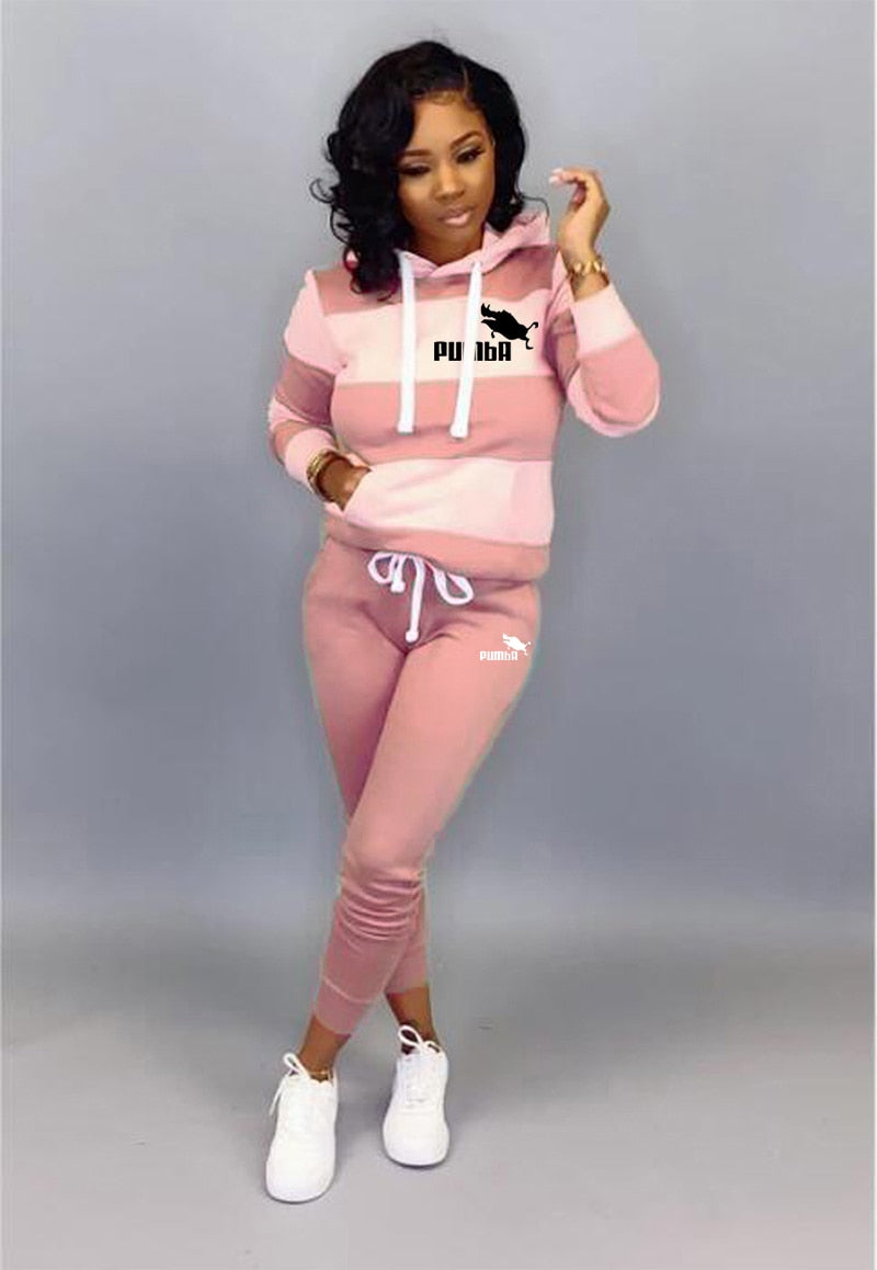 Women Winter Tracksuit 2 Piece Set Sweatshirt Print Hoodies-Pants Sportwear