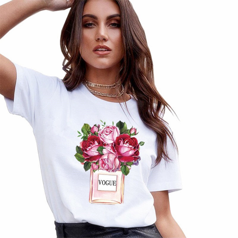 Women New Graphic Perfume Flower Vase White Short Sleeve T Shirt