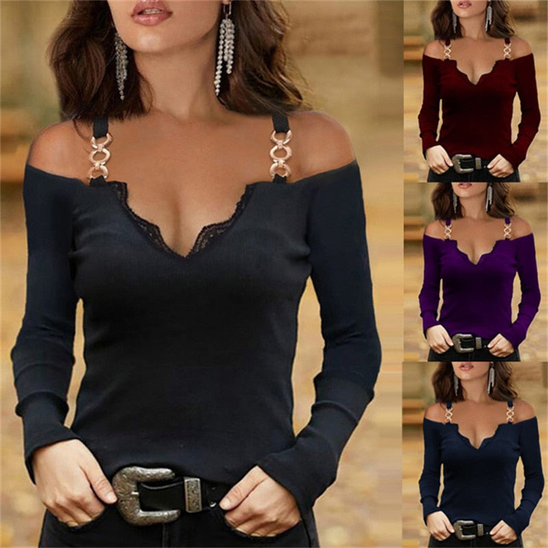 Women Off Shoulder Chain Long Sleeve T-shirts