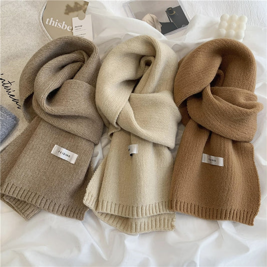 Women Autumn Winter Solid Color Scarves Slim Neckerchief Soft Brown White Warm Knitted Woolen Ins Neck Pashmina Shawl