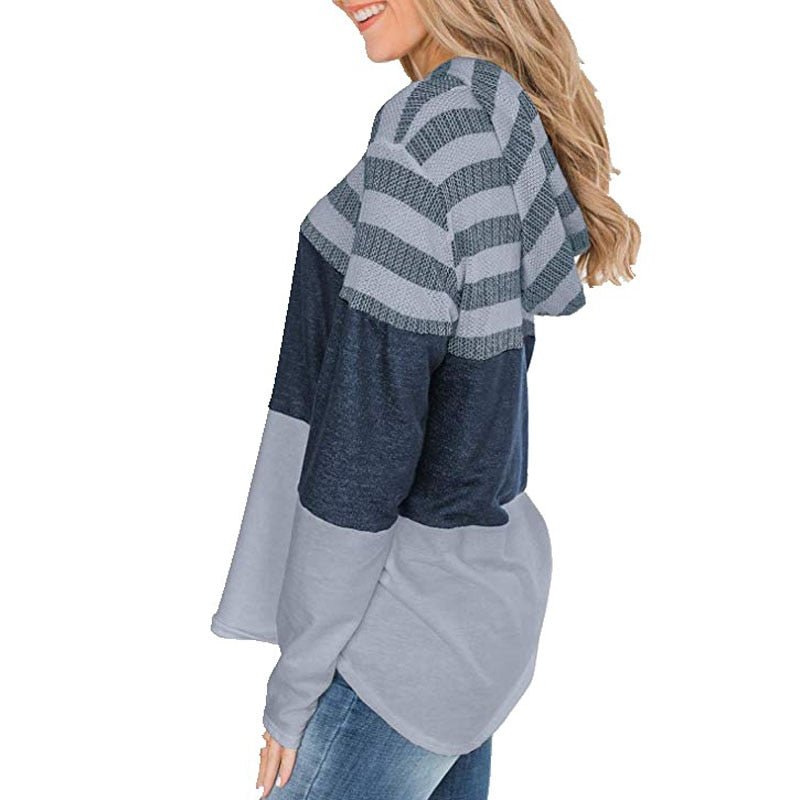 Women Hooded Casual Soft Long Sleeve Striped T-shirt