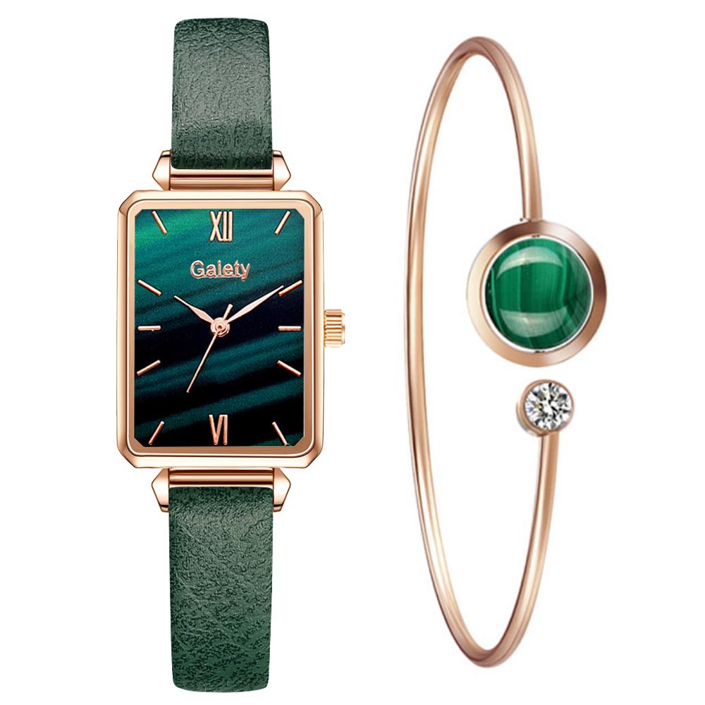 Women Watches Fashion Square Bracelet Set Green Dial Simple Rose Gold Mesh Luxury Women Watches